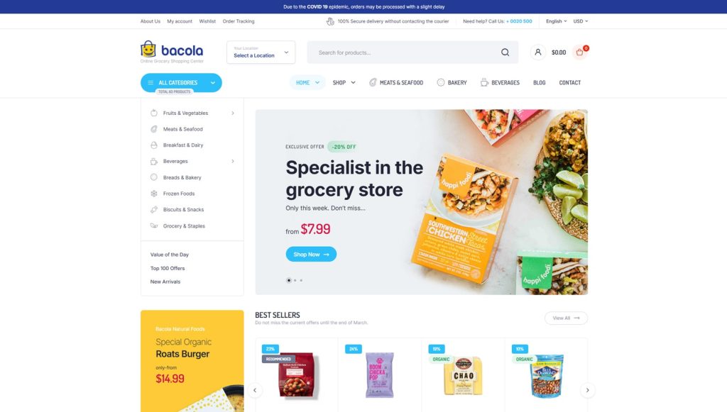 Visual of Bacola, a modern WooCommerce theme for grocery stores with 4 unique product styles.