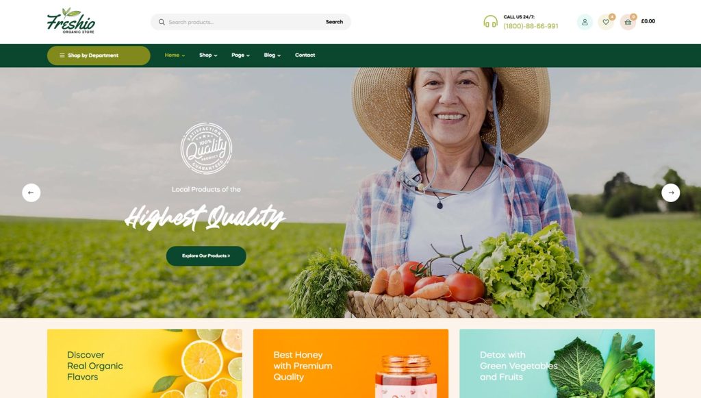 Illustration of Freshio, one of the popular WordPress themes for grocery store with a built-in product catalog.