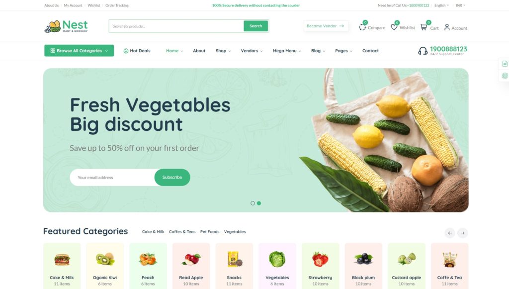 Figure of Nest, an online grocery shopping website theme with an integrated mega menu.