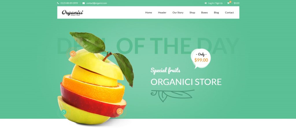 Snapshot of Organici, an eCommerce grocery website template with 9+ diverse designs for home pages.