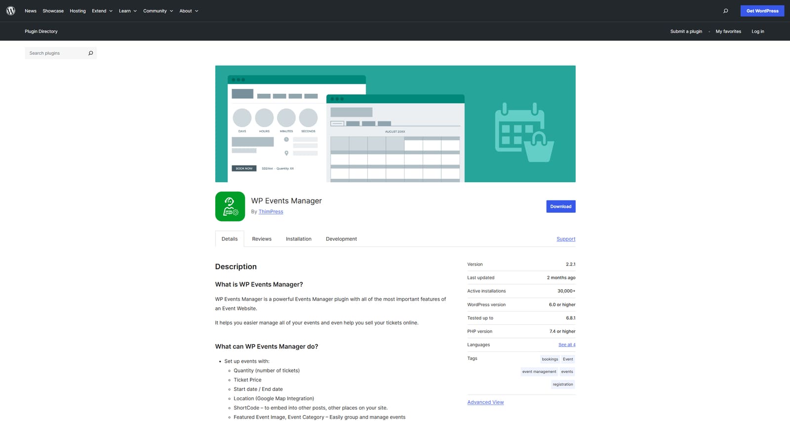 Representation of WP Event Manager, an affordable WordPress event planning tool with an event preview option.