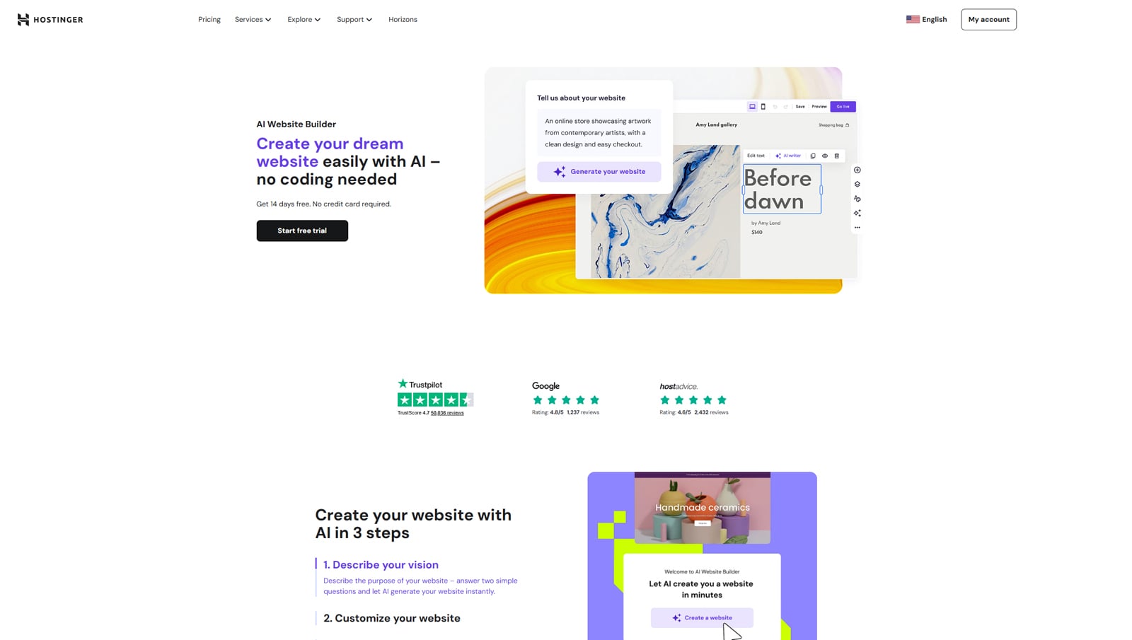 Image of Hostinger, a leading hosting & website design provider with built-in marketing & SEO tools.