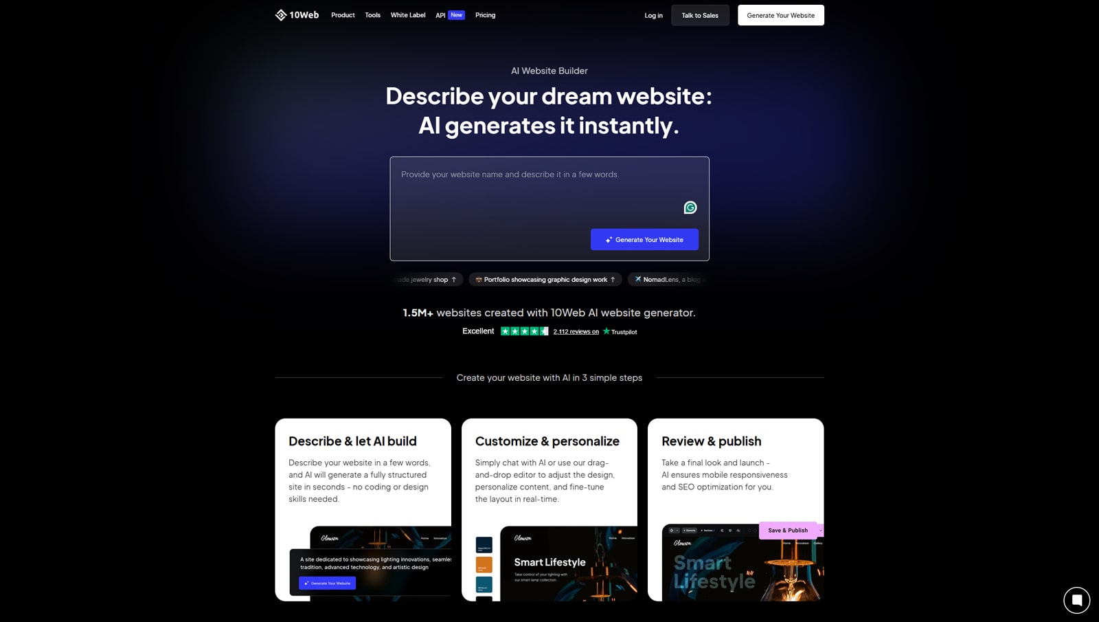 Figure of 10Web AI Website Builder, a flexible AI website builder with smooth website generation from a single prompt.