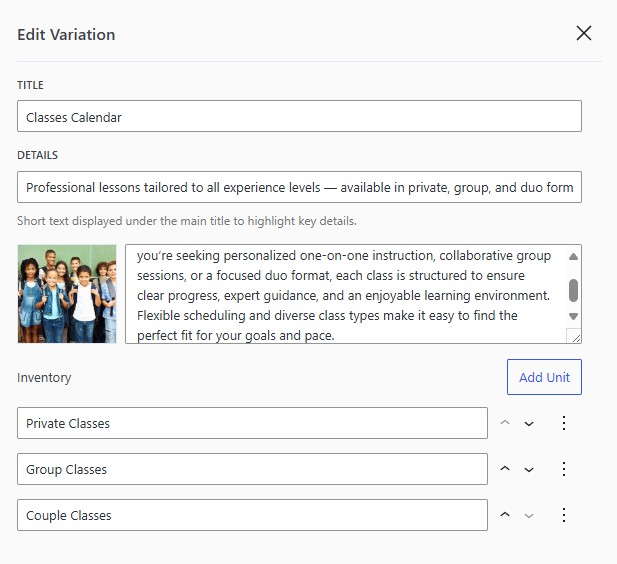 Representation of variation sidebar, available as a part of the inventory management tools.