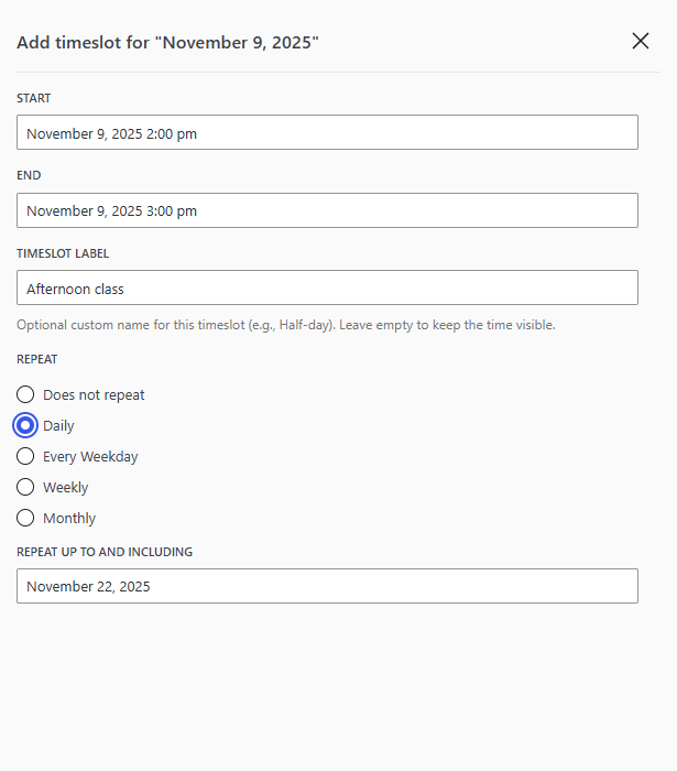 Visual of setting up a timeslot in WordPress Booking Calendar.