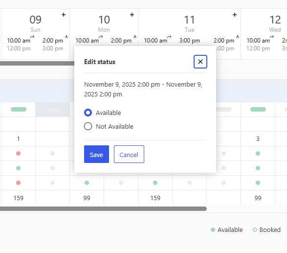 Illustration of editing an availability status within a timeslot.