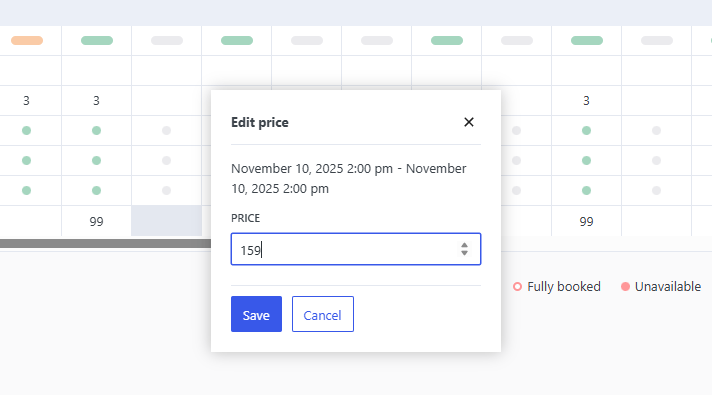 Image of price editing window, accessible within WordPress Booking Calendar.