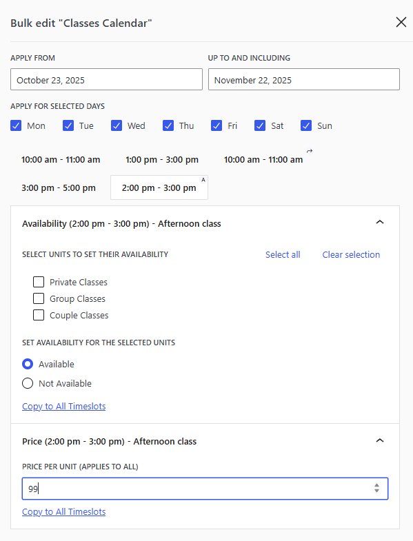 Portrait of the bulk editing window, allowing you to edit availability and prices all at once.