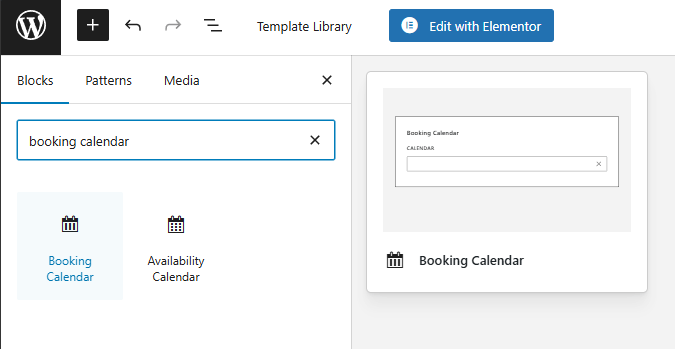View of choosing a Booking Calendar Gutenberg block.