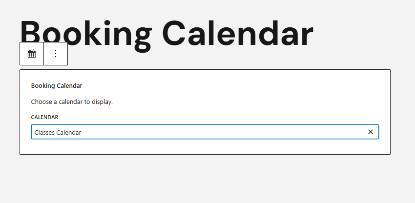 Picture of WordPress Booking Calendar block within the Gutenberg editor.