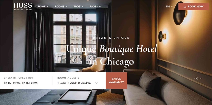 Screenshot of the Nuss Elementor hotel template demo.