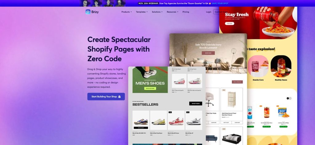 Photograph of Brizy Website Builder for Shopify, displaying potential websites you can build with it.
