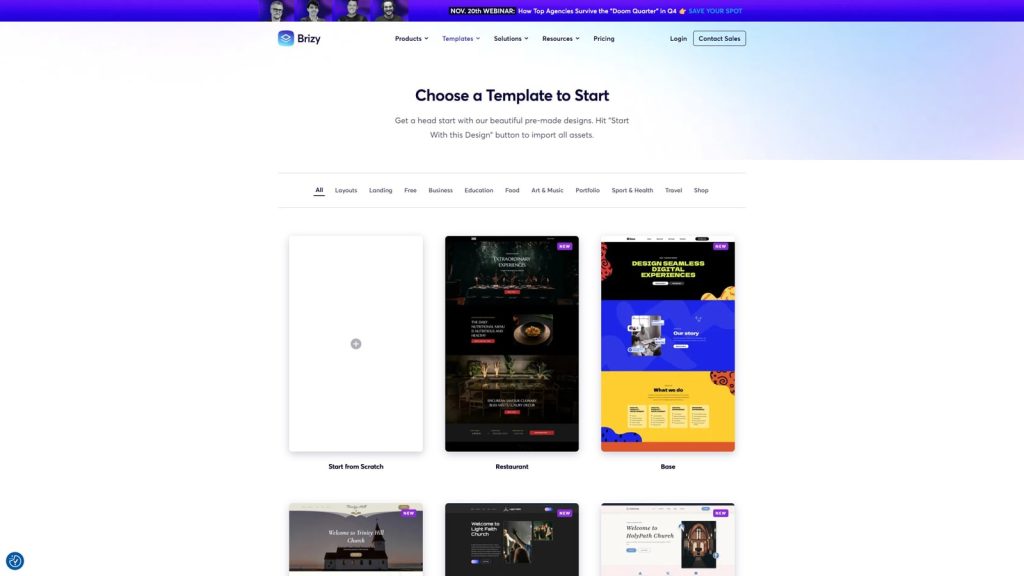 Graphic of available templates that Brizy allows its users to get started with.