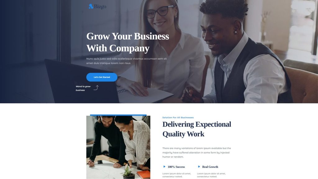 Representation of BizGo, a flexible landing page for business that can be customized with Brizy Website Builder.