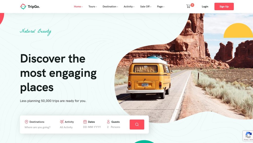 Representation of TripGo, a content-rich and responsive WordPress theme for tour agencies with a detailed tour booking form.