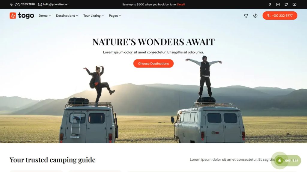 Graphic of Togo, the best tour booking WordPress theme with a custom-made tour management dashboard.