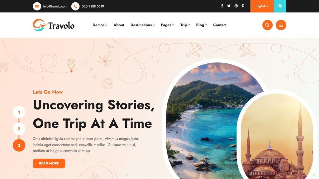 Illustration of Travolo, the best tour booking WordPress theme with a flexible tour search system.