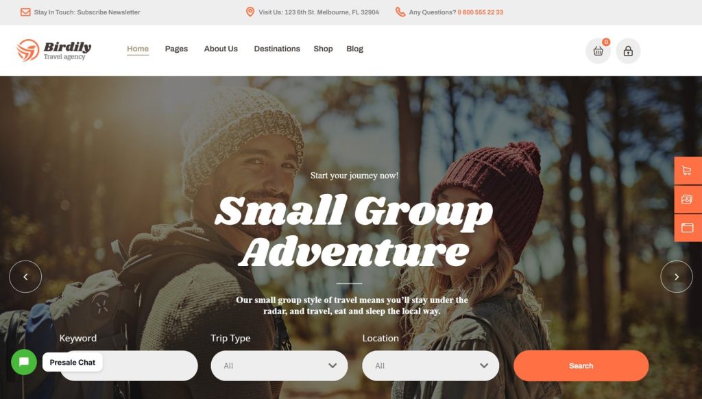 Figure of Birdily, a well-designed theme for WordPress tour booking websites with custom layouts and post types.