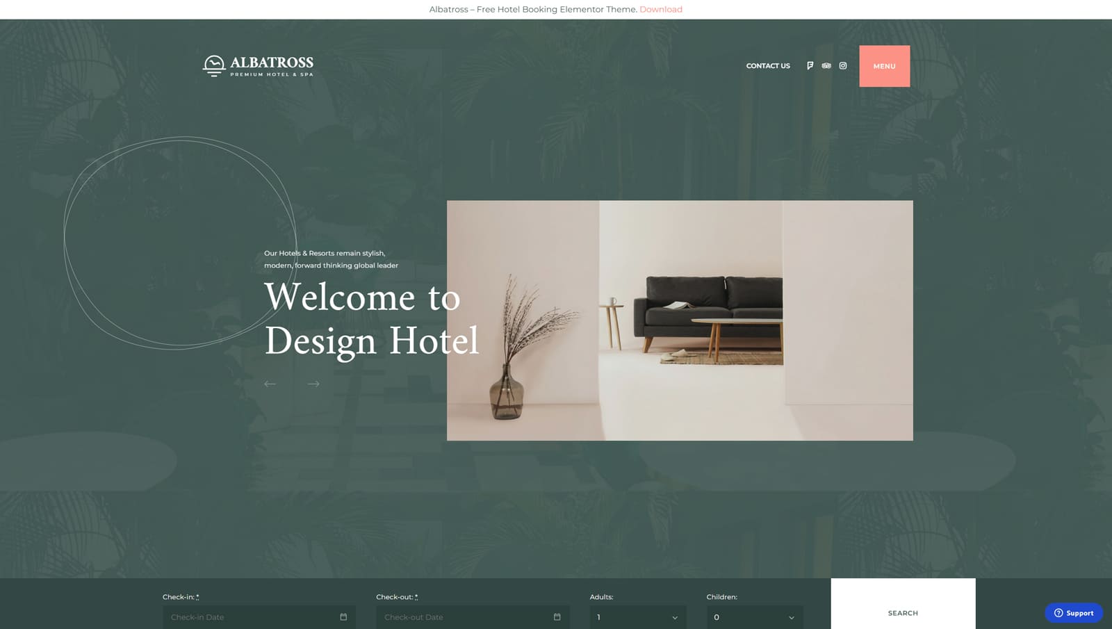 Picture of Albatross, one of the best hotel WordPress themes with 2 room page layouts.