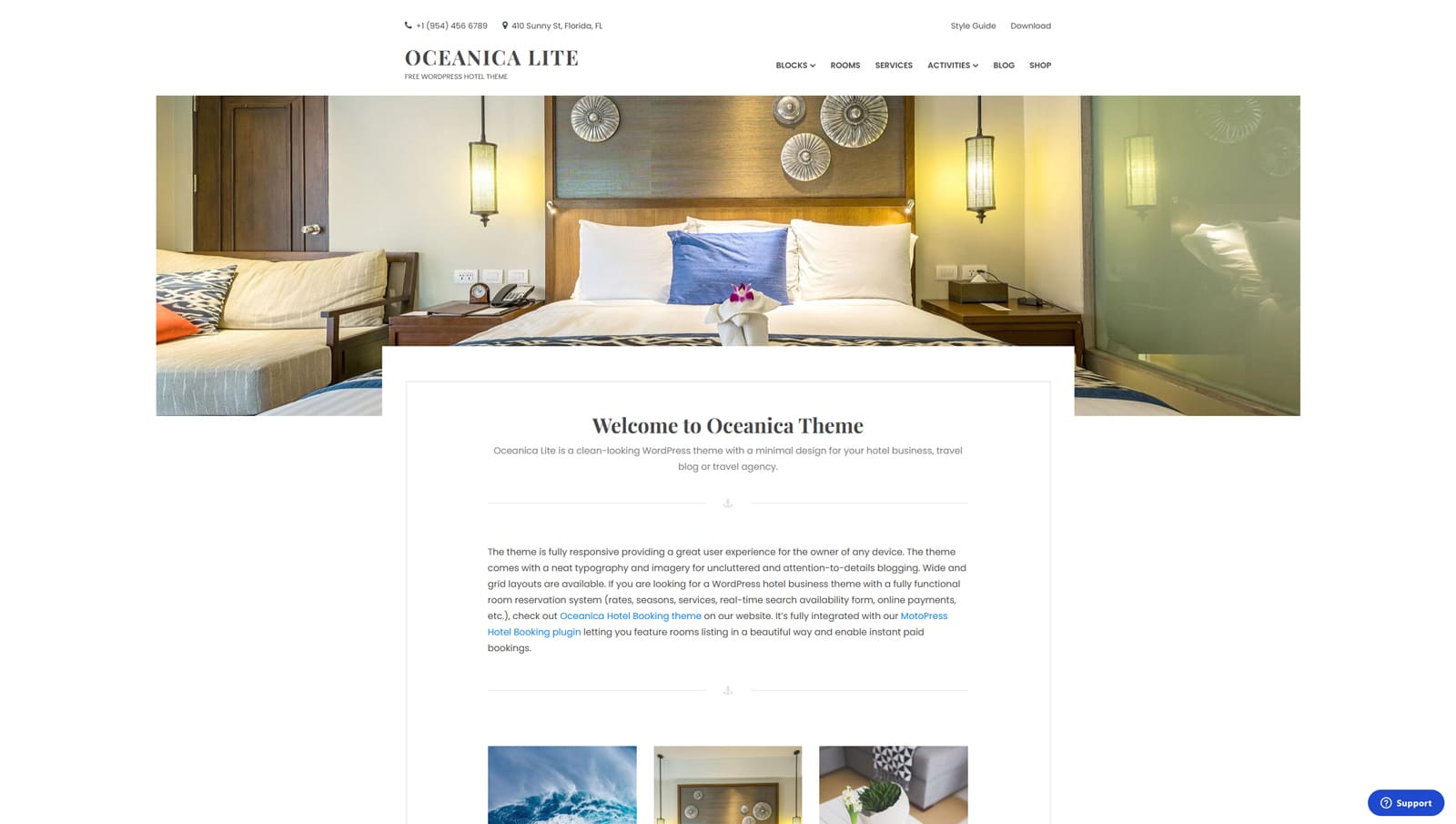 Photograph of Oceanica Lite, one of the best hotel WordPress themes with multiple content sections and blocks.