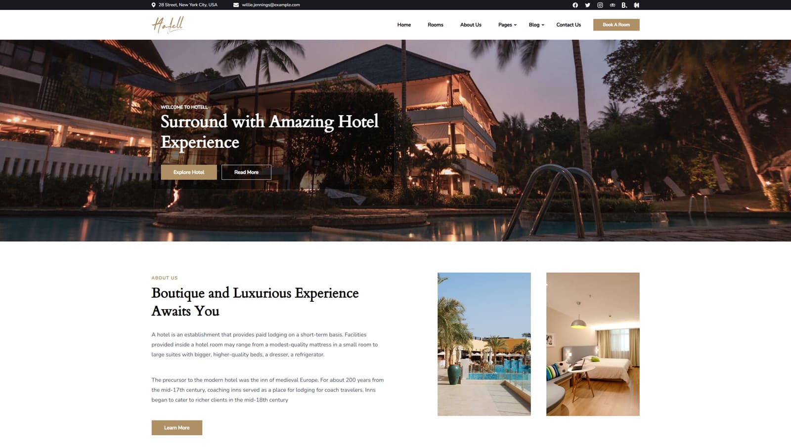 Representation of Hotell, a free boutique hotel theme for WordPress with 7+ ready-made pages.