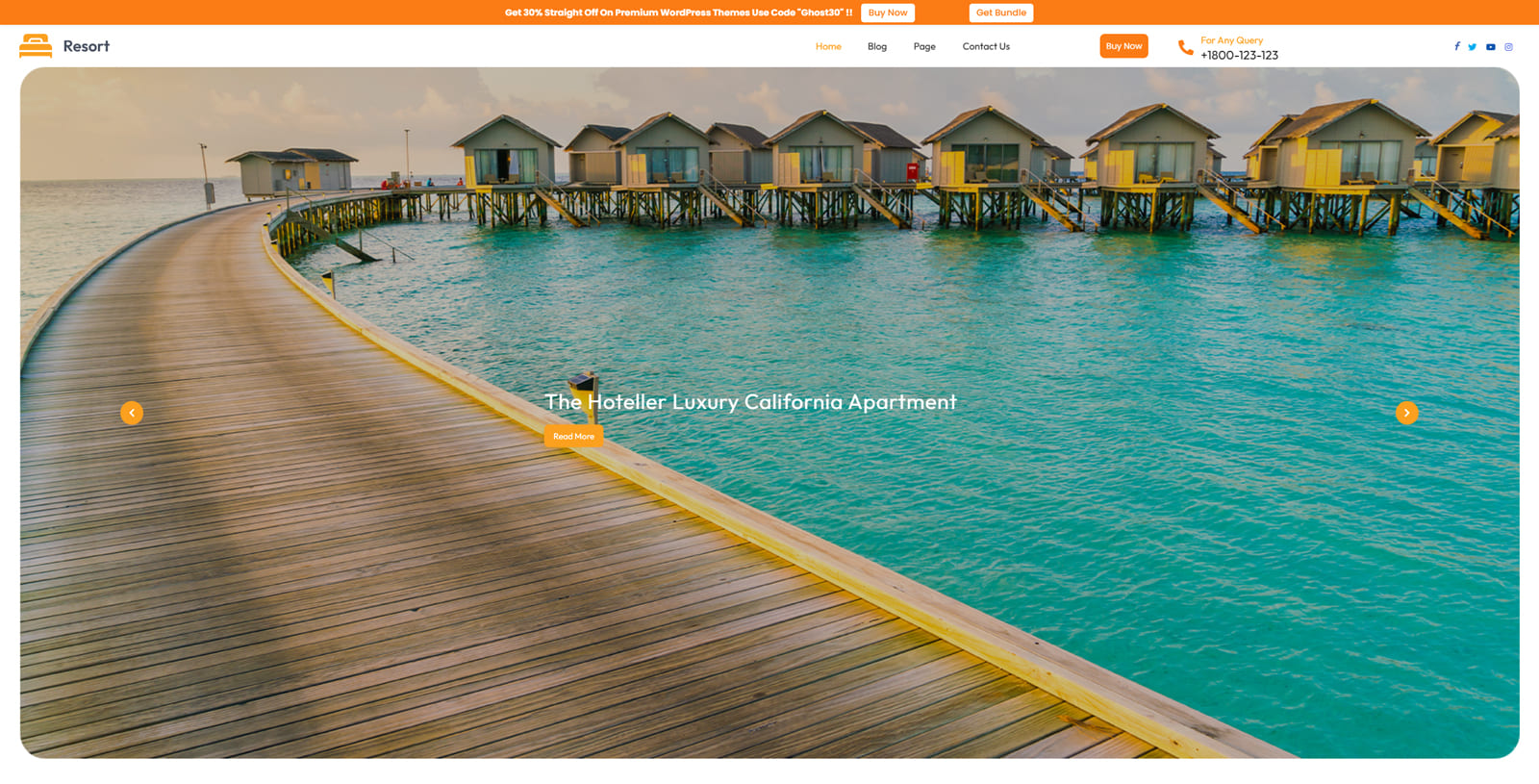 Visual of Hotel Booking Lite, a free and customizable hotel booking theme with a full-width homepage slider section.