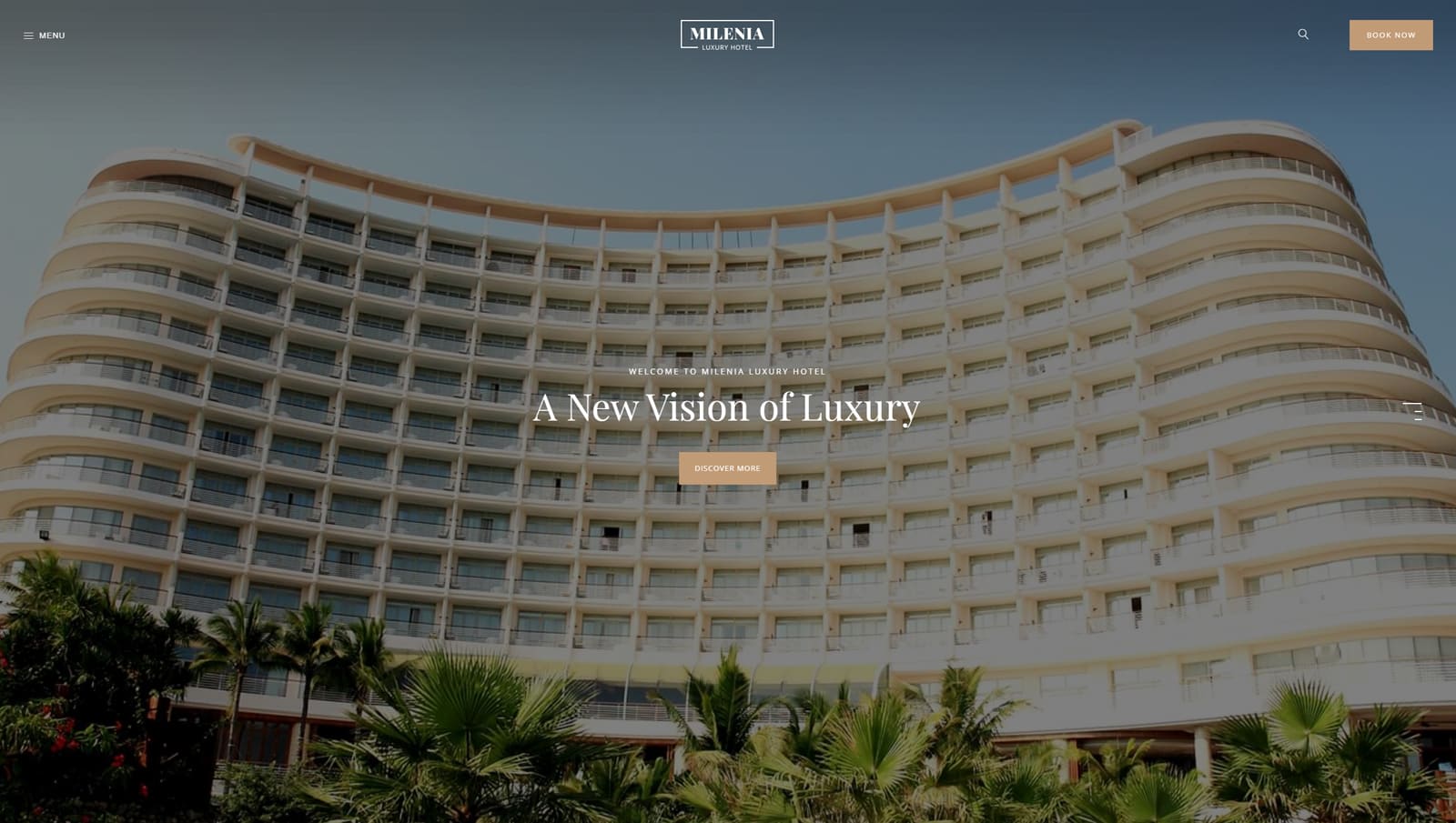 Snapshot of Milenia, a top-rated hotel theme for WordPress websites with 4 room page layouts.