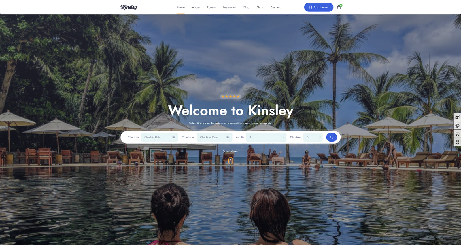 View of Kinsley, one of the best hotel WordPress themes with real-time availability search.