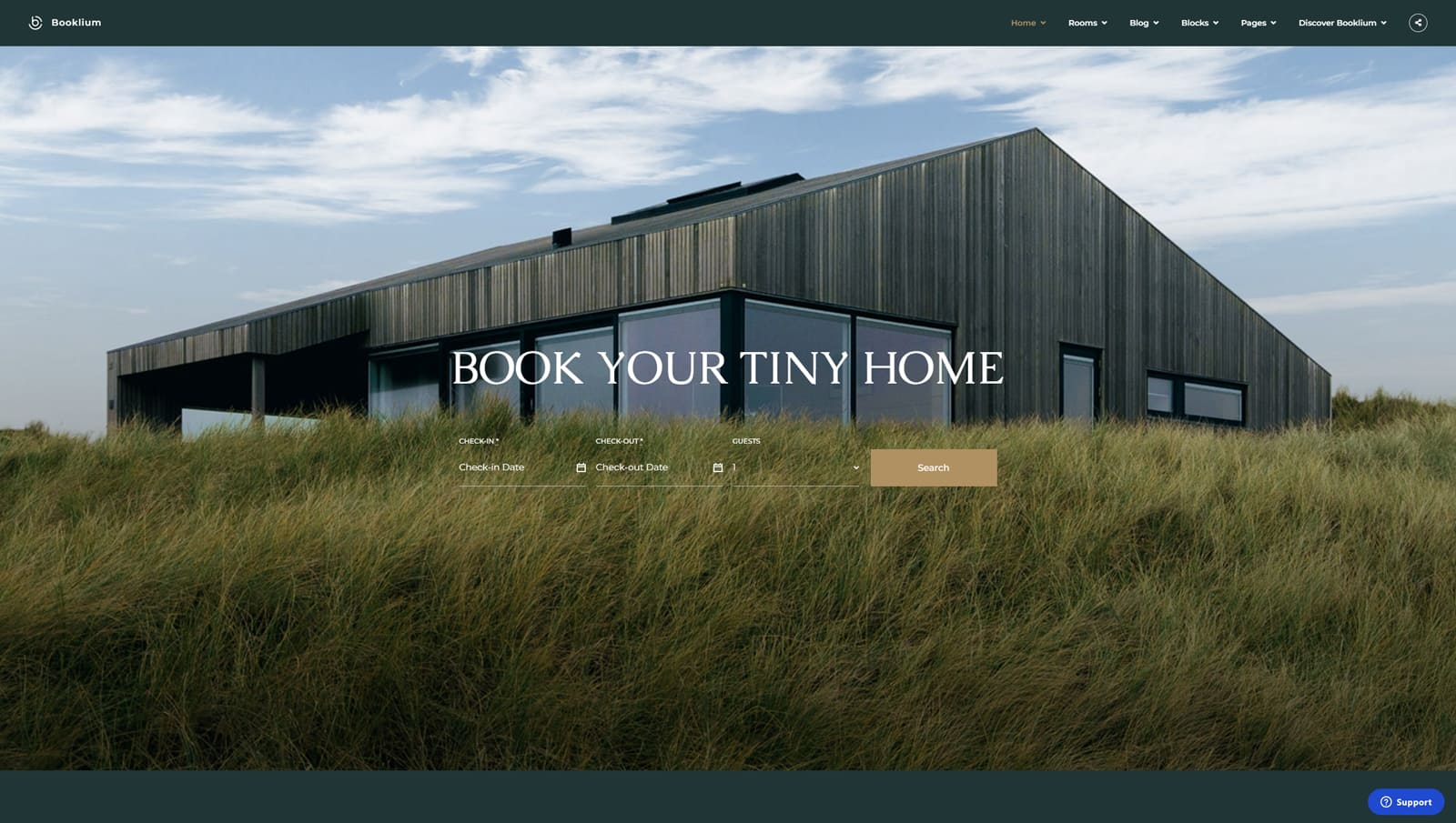 Image of Booklium Tiny Home, one of the best hotel WordPress themes with the Getwid plugin for Gutenberg.