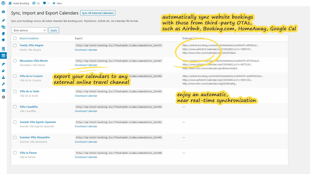 Screenshot of the menu to sync calendars with OTAs.