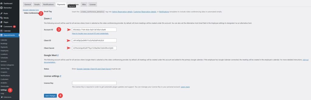 Representation of the settings page of the video conference WordPress plugin and its Zoom integration.