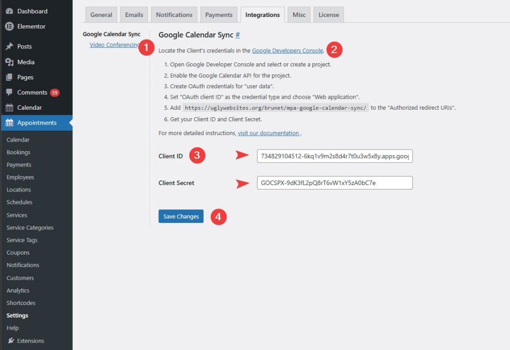 Visual of settings for Google Calendar and Google Meet integrations.