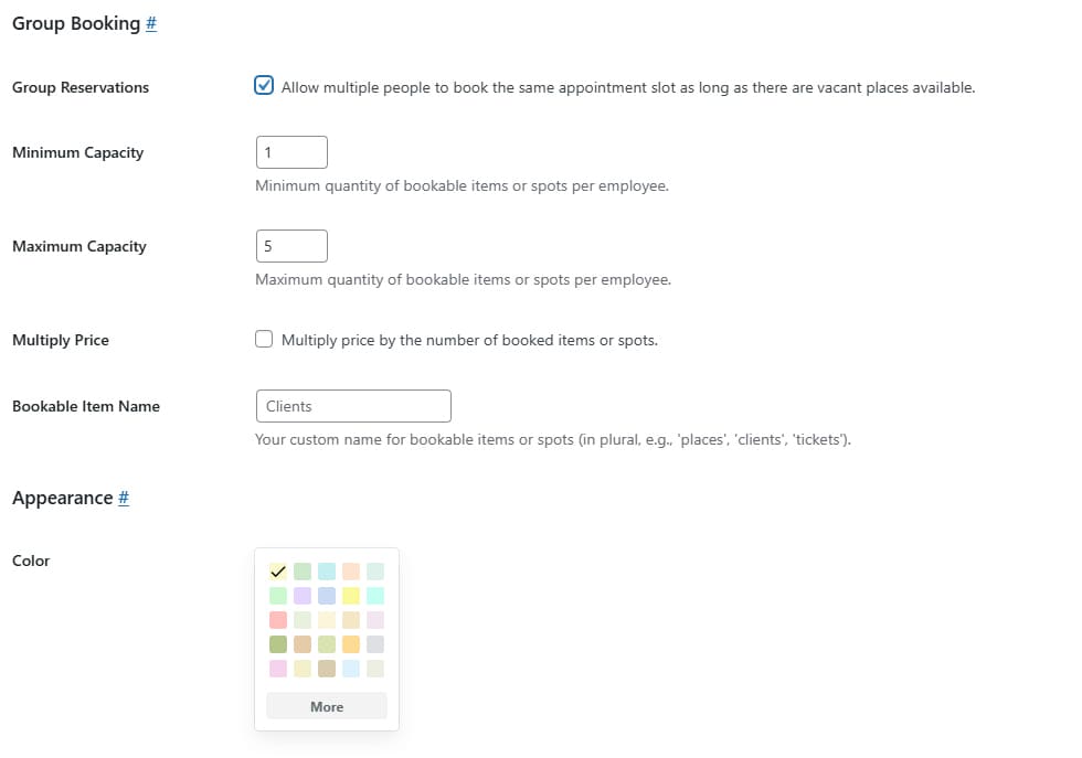 Image of enabling group booking settings using the Appointment Booking plugin.