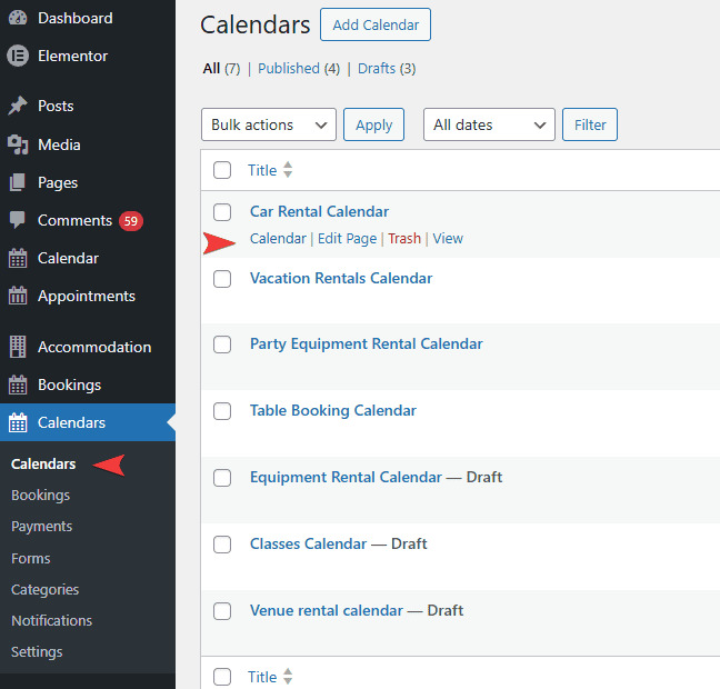 Graphic of the Calendars tab used to manage schedules in the Booking Calendar plugin.
