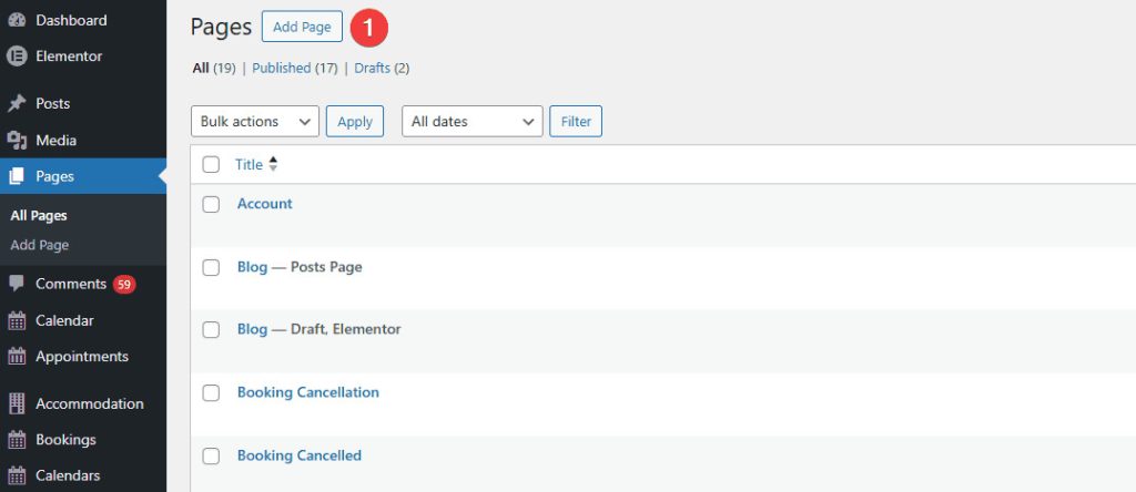 Portrait of WordPress dashboard's pages tab used if you want to learn how to create a booking form in WordPress and publish it.