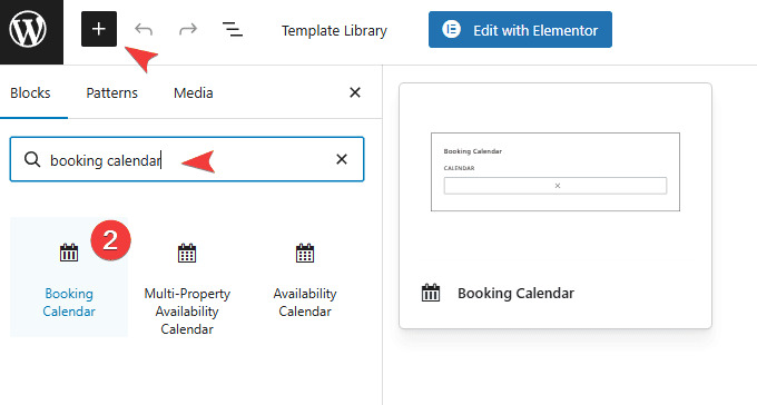 Figure of adding the Booking Calendar block in the Gutenberg editor.