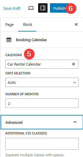 Snapshot of the Booking Calendar Gutenberg block settings.