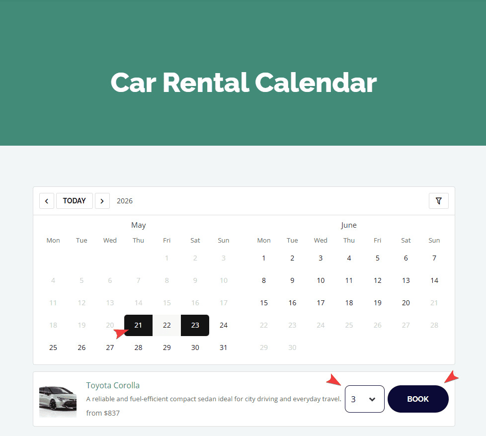 View of the Booking Calendar frontend interface useful for learning how to create a booking form in WordPress.