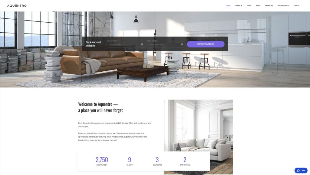 Picture of Aquentro, one of the best single property WordPress themes with easy-to-use availability search.