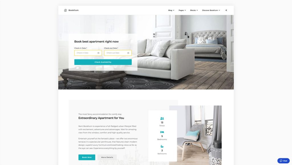 Graphic of Booklium Apartment, a flexible WordPress theme for single property websites with a color-coded centralized reservations calendar.