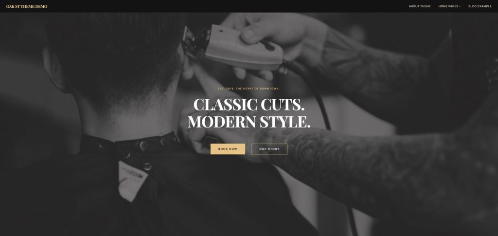 Graphic of Oak St, a free men's grooming WordPress theme with 6 varied block patterns.