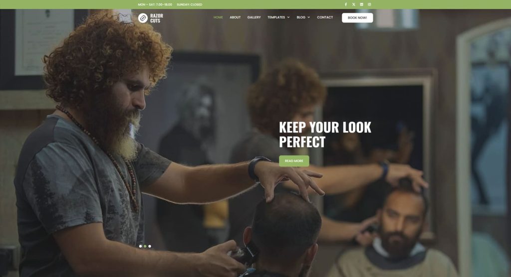 Representation of RazorCuts, a free WordPress design option for barbershops with a testimonials section.
