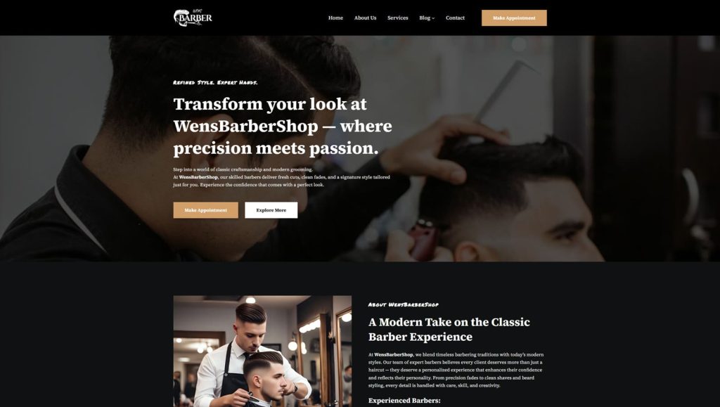 Graphic of WENS Barber, one of barber shop WordPress themes with a sticky header.