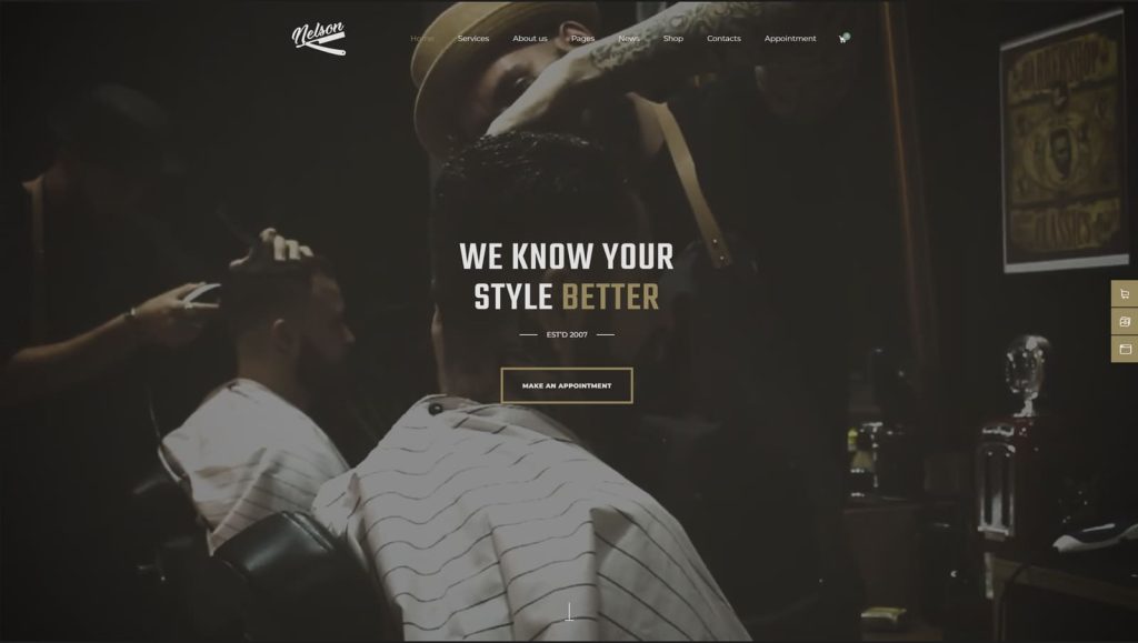 Illustration of Nelson, one of barber shop WordPress themes with light and dark design modes.