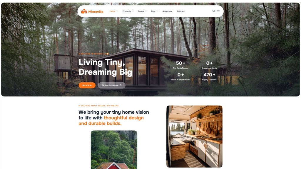 Image of MicroVilla, a stunning WordPress theme for tiny homes with varied sections (pricing, gallery, accommodation).