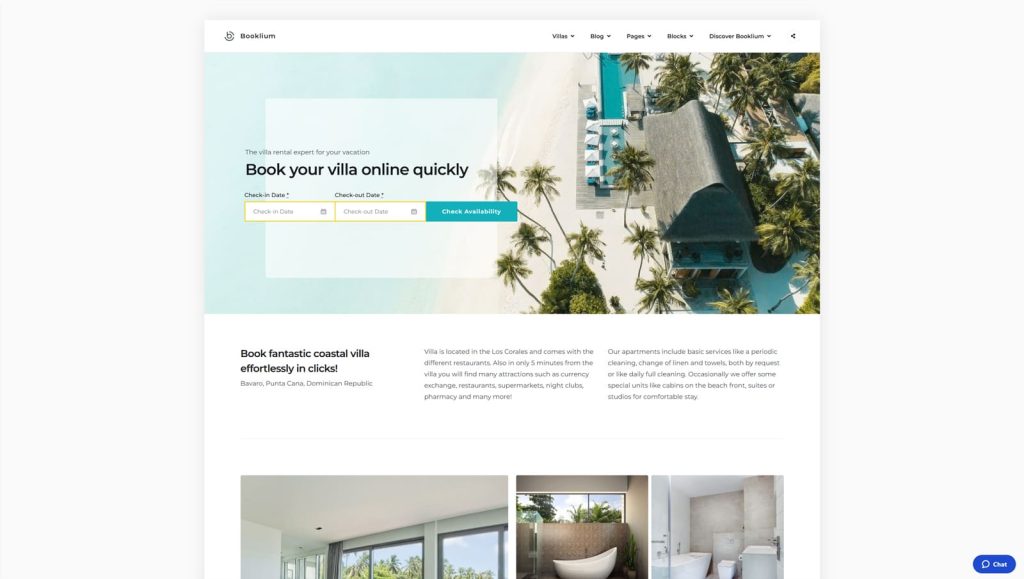 Figure of Booklium Single Vacation Rental, a must-have WordPress theme for vacation rentals with 3 villa page layouts.