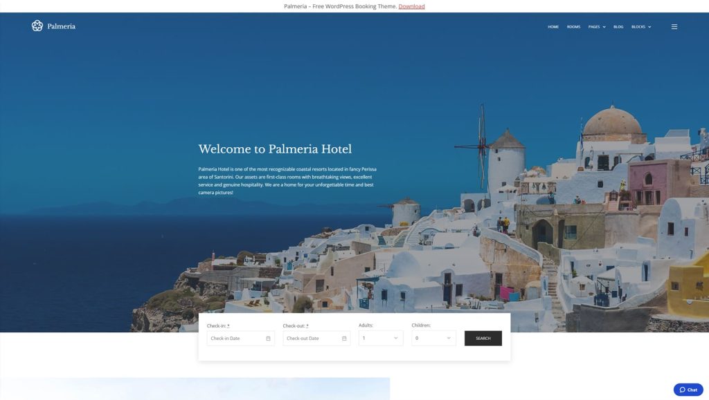 Picture of Palmeria, one of the best single property WordPress themes with a configurable accommodation search form.