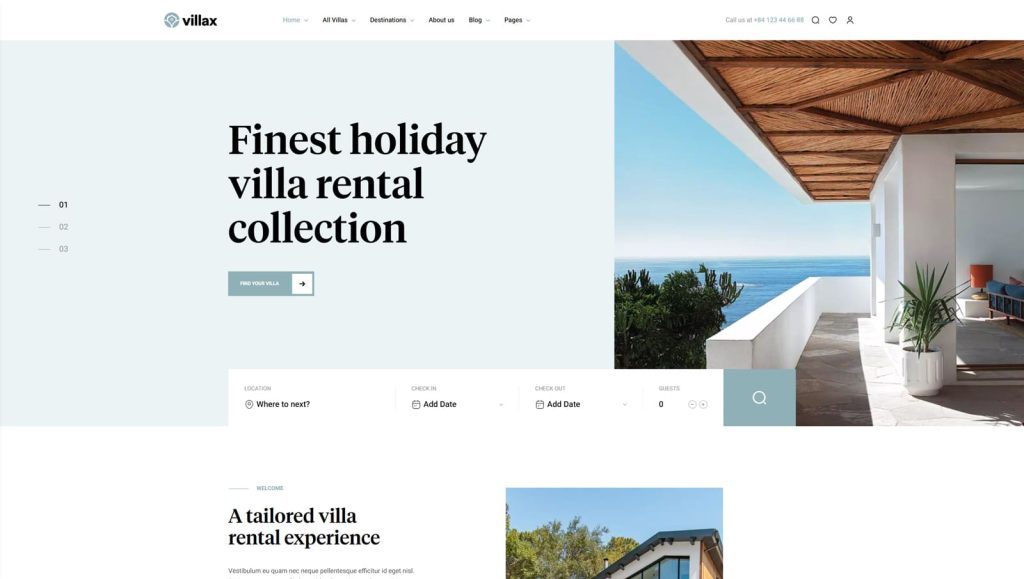 Snapshot of Villax, a recommended WordPress design for villas with a user-friendly accommodation booking form.