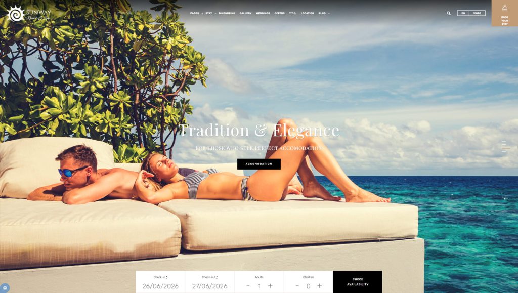 View of Sunway, one of the best single property WordPress themes with real-time availability search.