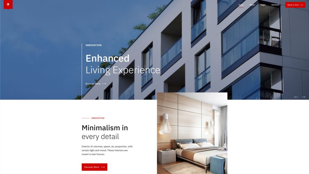 Representation of Nestin, a design-driven WordPress theme for apartments with 8 blog and gallery layouts.